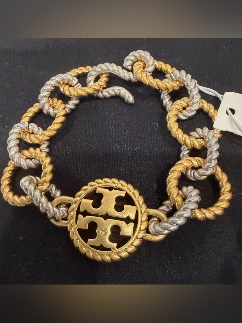 Tory Burch Two-Tone Twisted Rope Logo Link Bracelet - Gold & Silver New Size 6